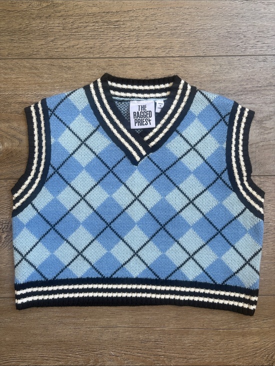 The Ragged Priest Sweaters - The Ragged Priest Blue Black & White Argyle Cropped V-Neck Knit Sweater Vest